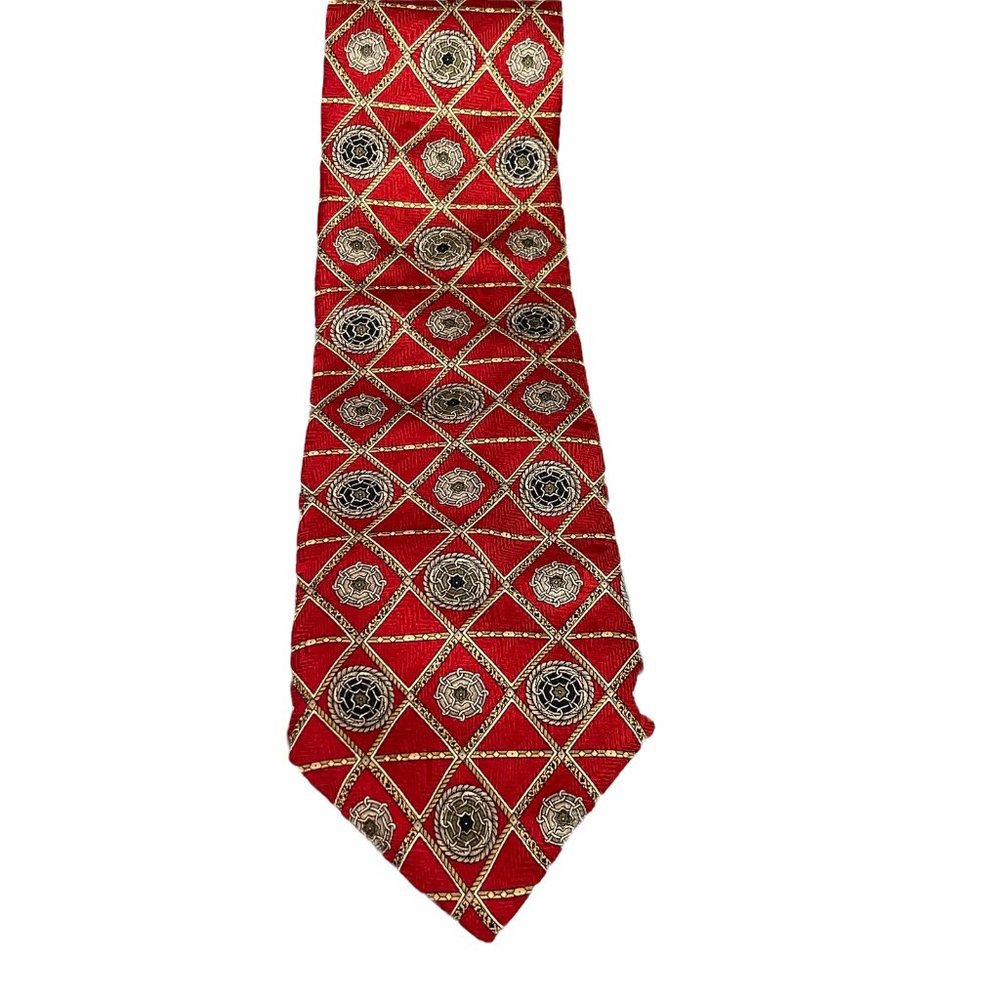 Vintage Oscar De La Renta tie 100% silk Red Gold Silver
